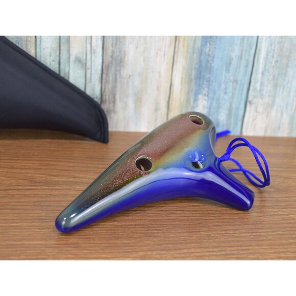 STL Ocarina 12 Hole Alto C Ceramic Flute Blue Brown Earth Glaze w/ Case & Strap - Picture 7 of 12
